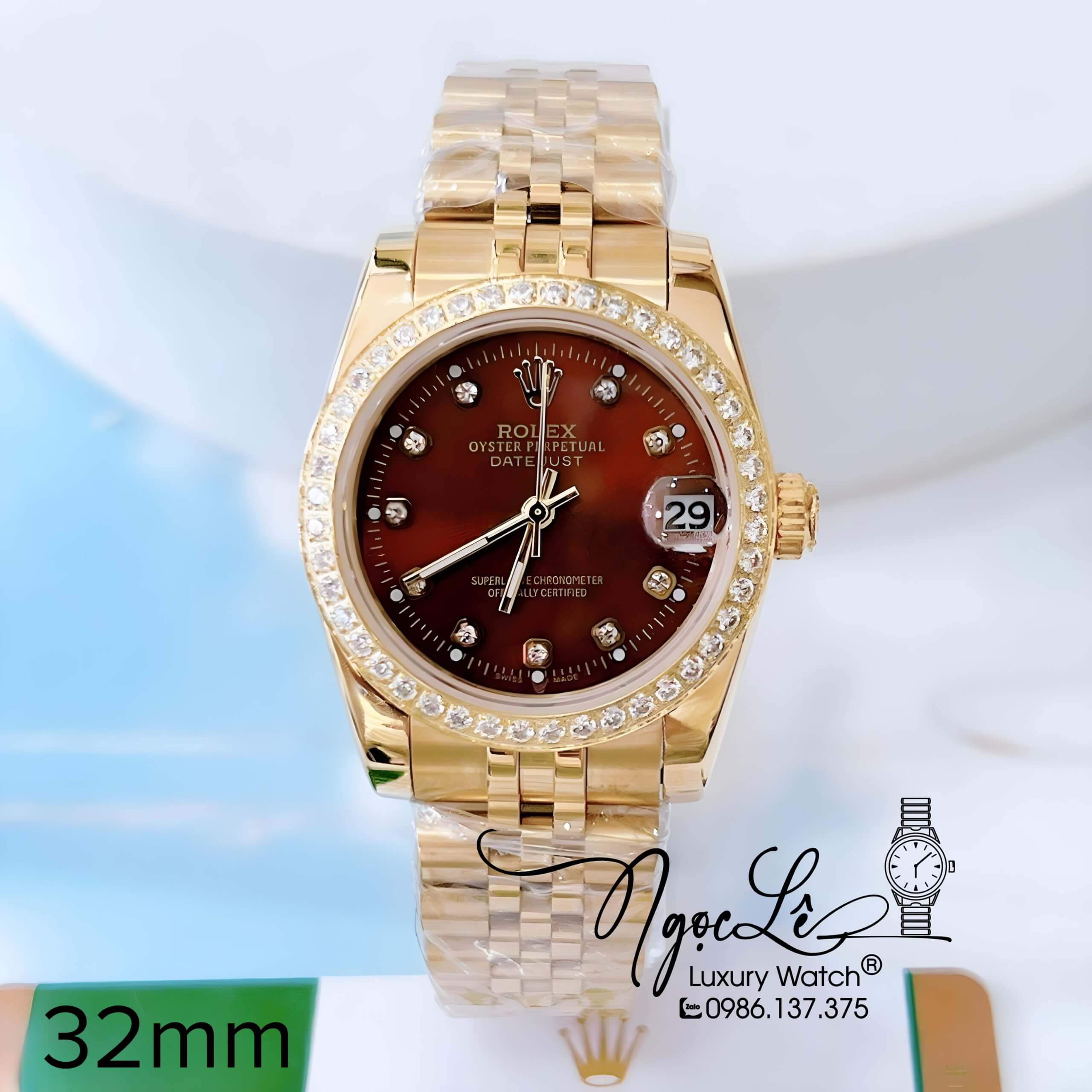 Đồng Hồ Nữ Rolex Datejust Pin Dây Kim Loại Vàng Mặt Nâu Đính Đá Size 32mm