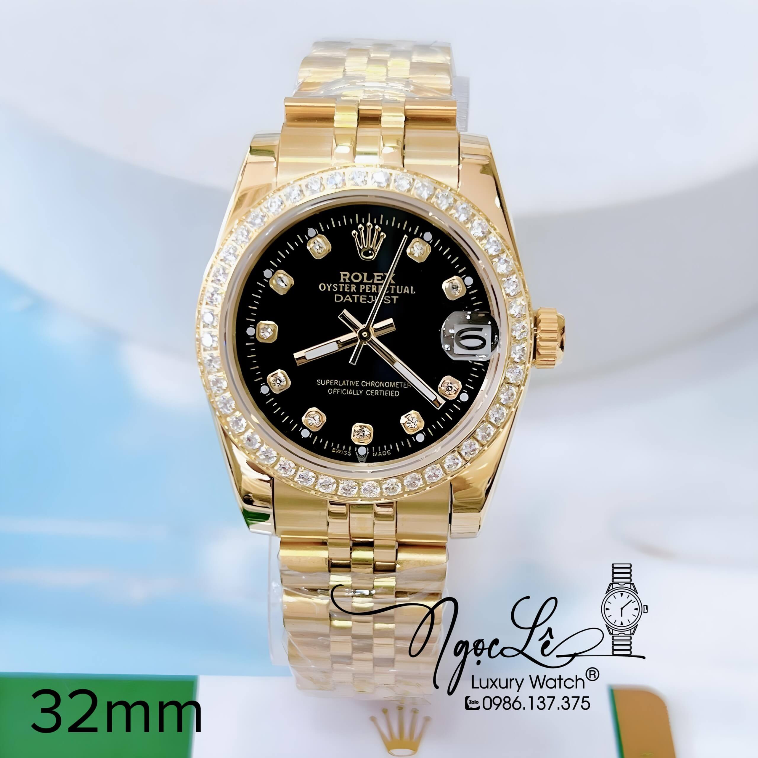 Đồng Hồ Nữ Rolex Datejust Pin Dây Kim Loại Vàng Mặt Đen Đính Đá Size 32mm