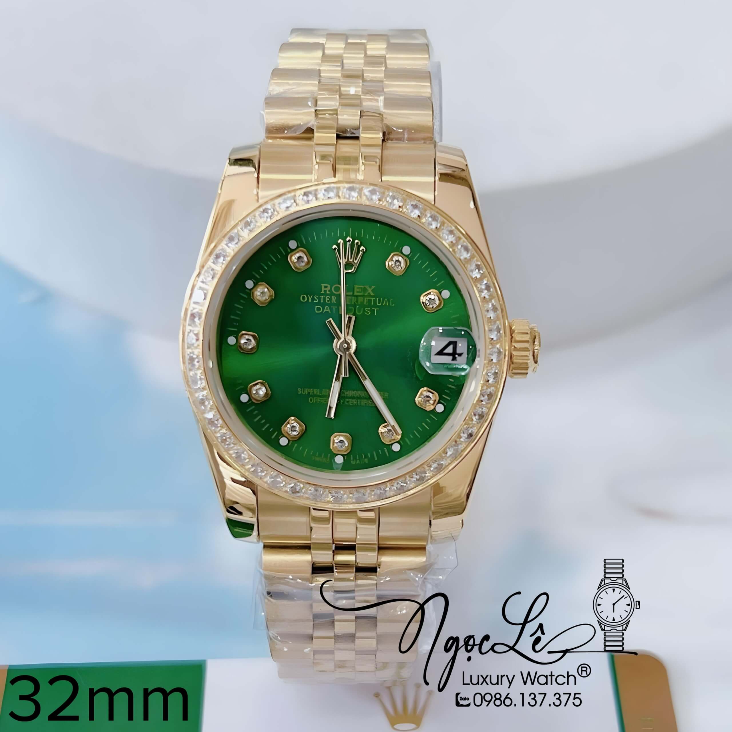 Đồng Hồ Nữ Rolex Datejust Pin Dây Kim Loại Vàng Mặt Xanh Lá Đính Đá Size 32mm