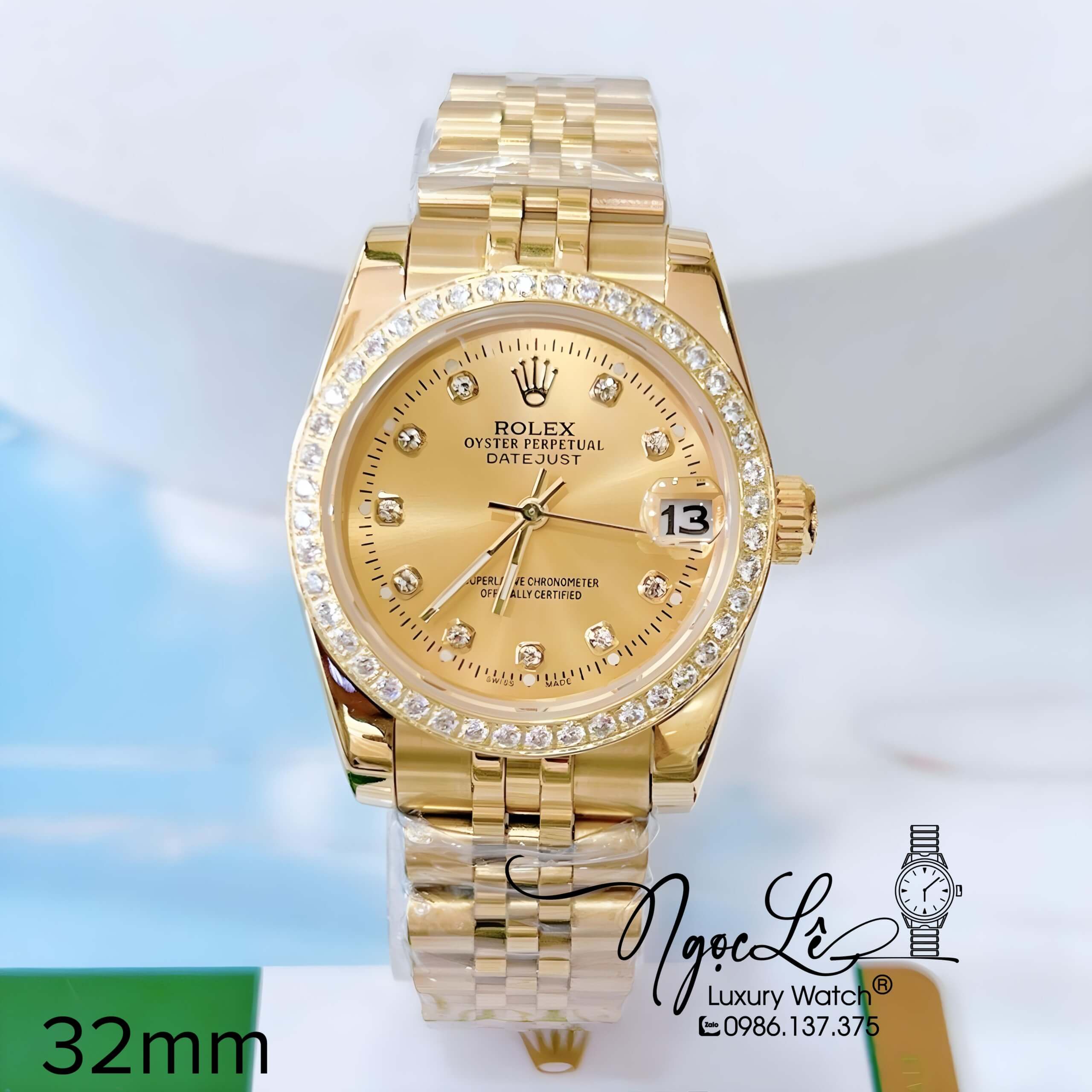 Đồng Hồ Nữ Rolex Datejust Pin Dây Kim Loại Vàng Mặt Vàng Đính Đá Size 32mm