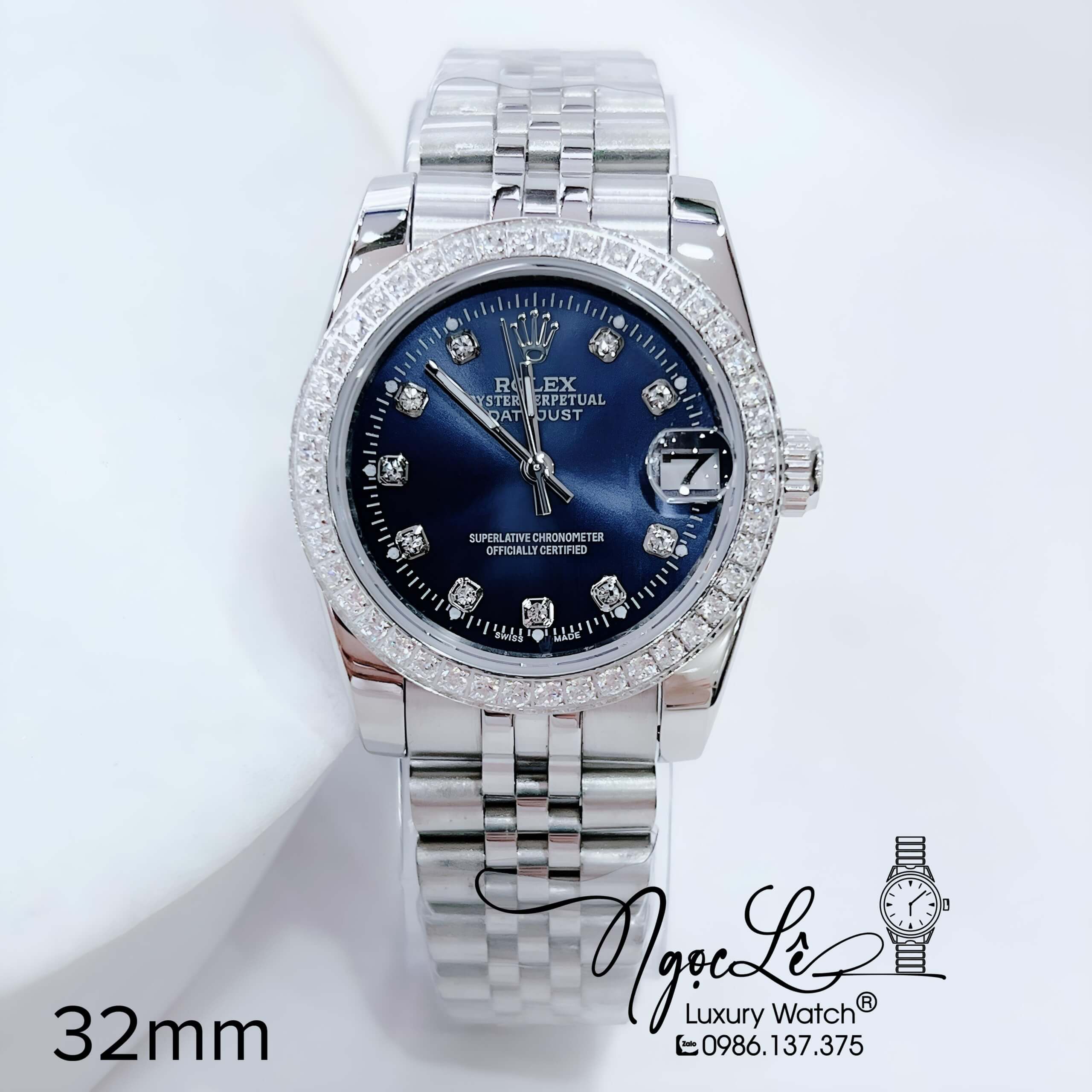 Đồng Hồ Nữ Rolex Datejust Pin Dây Kim Loại Bạc Mặt Xanh Dương Đính Đá Size 32mm