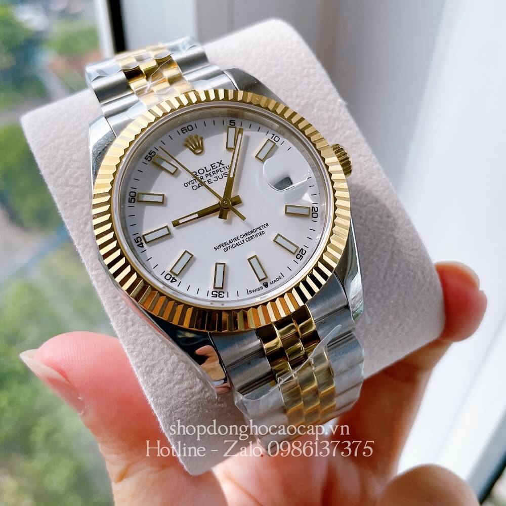 Đồng Hồ Rolex Date Just Siêu Cấp Nam Máy Tự Động Thụy Sĩ Dây Demi Mặt Trắng 41mm 