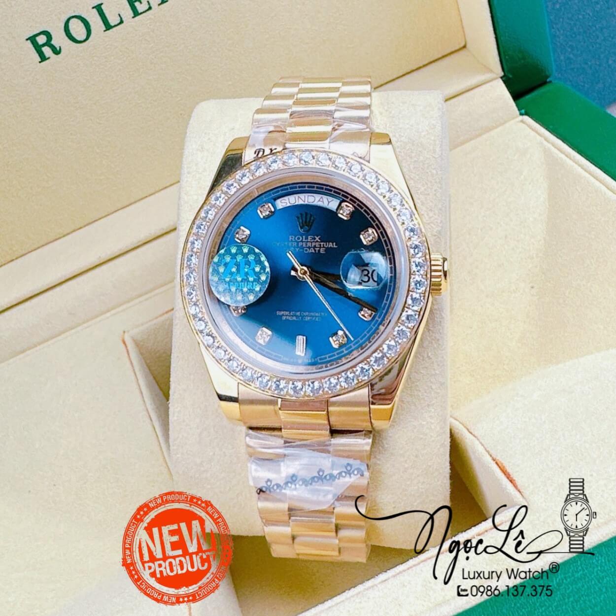 Đồng Hồ Rolex Day-Date Automatic Nam Dây Kim Loại Vàng Mặt Xanh Dương Niềng Đá Size 41mm