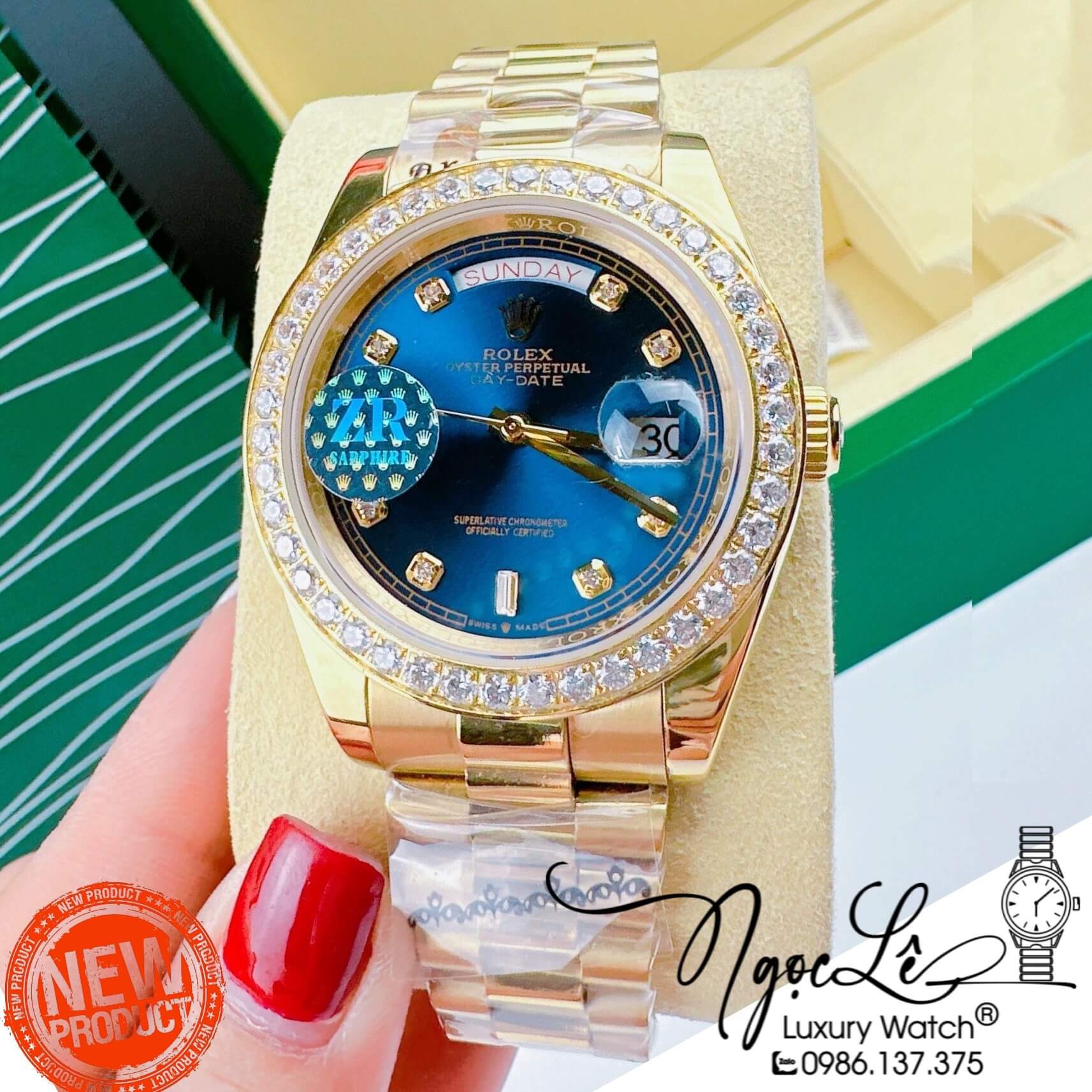 Đồng Hồ Rolex Day-Date Automatic Nam Dây Kim Loại Vàng Mặt Xanh Dương Niềng Đá Size 41mm