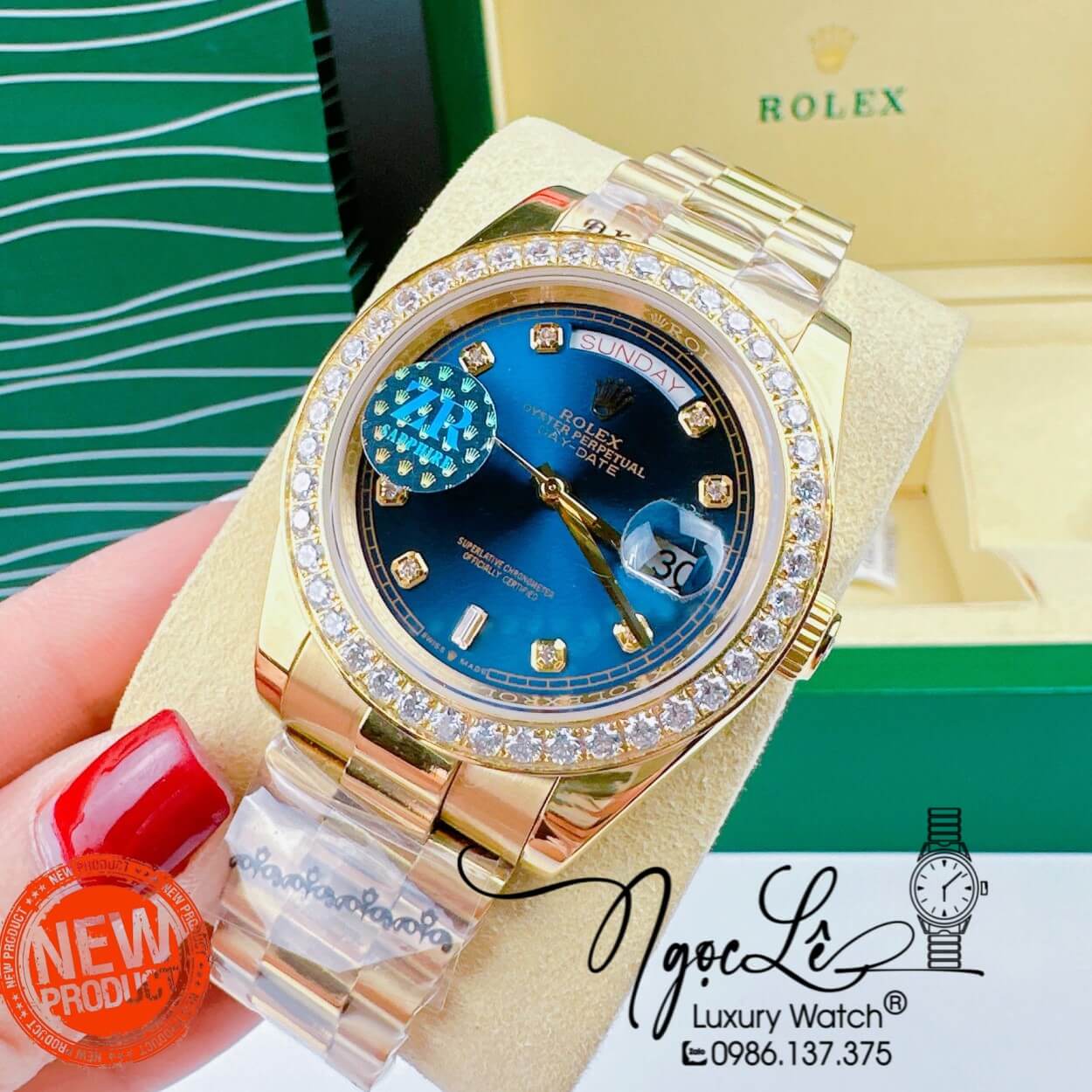 Đồng Hồ Rolex Day-Date Automatic Nam Dây Kim Loại Vàng Mặt Xanh Dương Niềng Đá Size 41mm