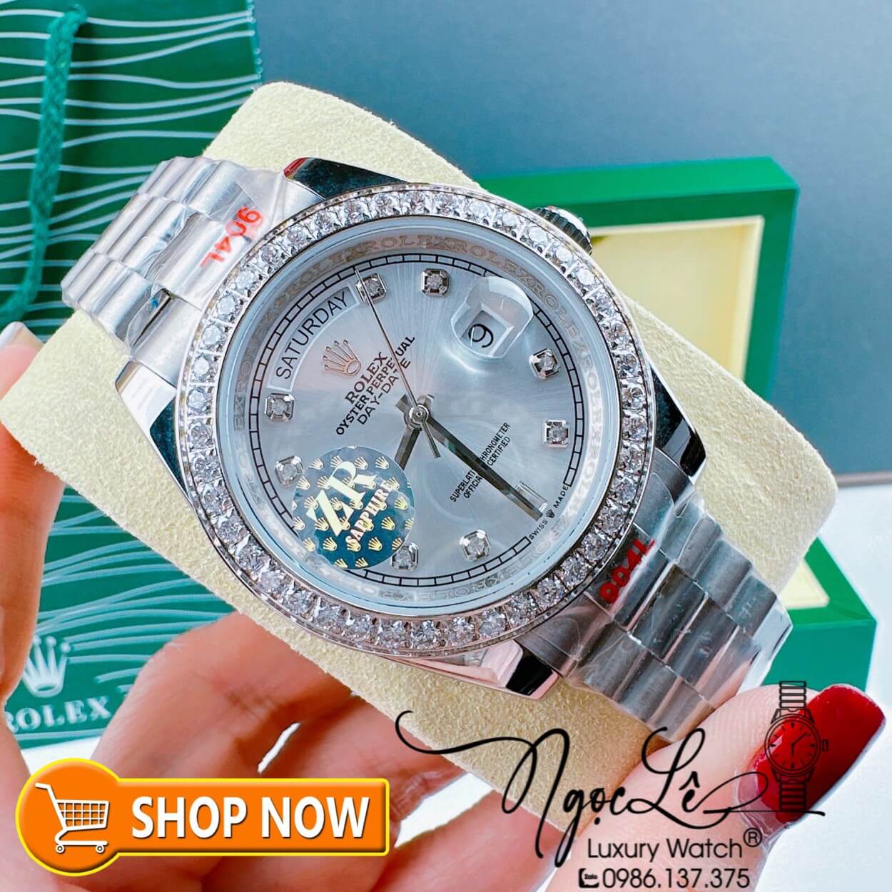 Đồng Hồ Rolex Day-Date Automatic Nam Dây Kim Loại Bạc Mặt Trắng Niềng Đá Size 41mm