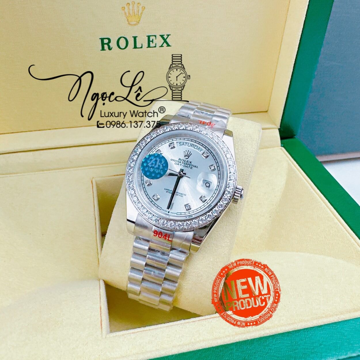 Đồng Hồ Rolex Day-Date Automatic Nam Dây Kim Loại Bạc Mặt Trắng Niềng Đá Size 41mm