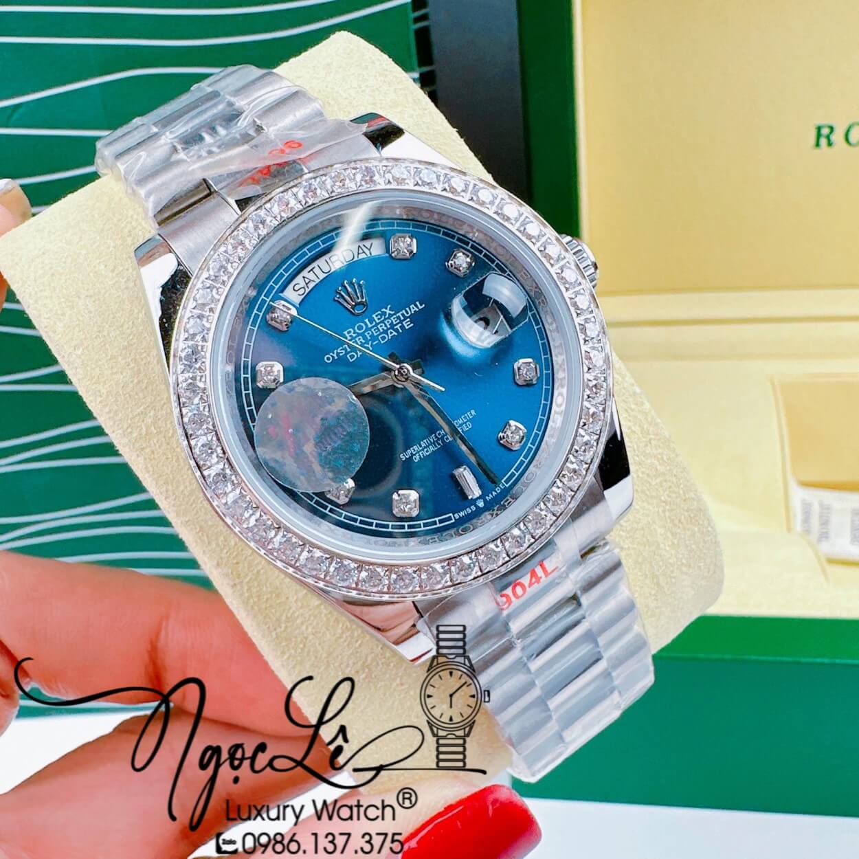 Đồng Hồ Rolex Day-Date Automatic Nam Dây Kim Loại Bạc Mặt Xanh Niềng Đá Size 41mm