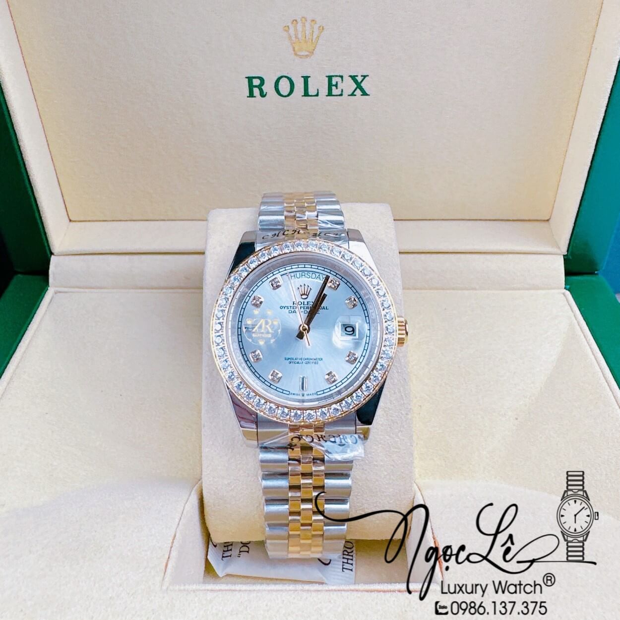 Đồng Hồ Rolex Day-Date Automatic Nam Dây Kim Loại Demi Vàng Mặt Trắng Niềng Đá Size 41mm