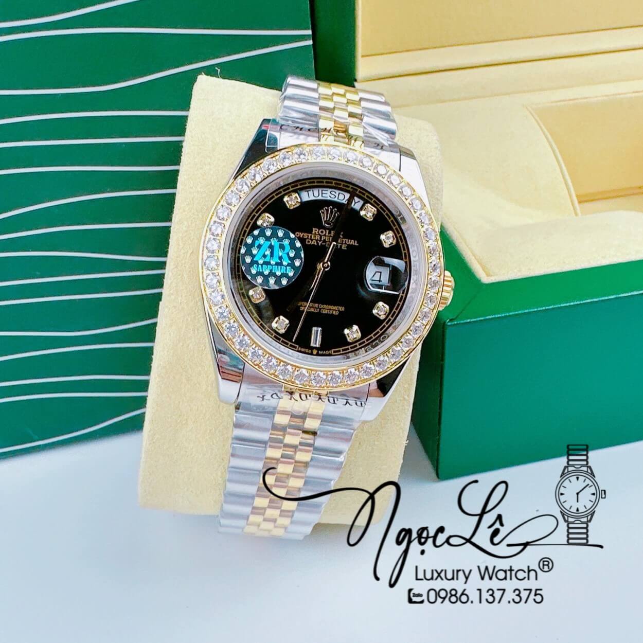 Đồng Hồ Rolex Day-Date Automatic Nam Dây Kim Loại Demi Vàng Mặt Đen Niềng Đá Size 41mm