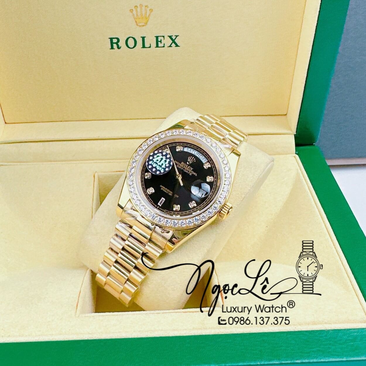 Đồng Hồ Rolex Day-Date Automatic Nam Dây Kim Loại Vàng Mặt Đen Niềng Đá Size 41mm