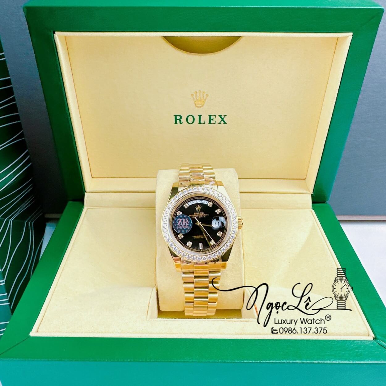 Đồng Hồ Rolex Day-Date Automatic Nam Dây Kim Loại Vàng Mặt Đen Niềng Đá Size 41mm