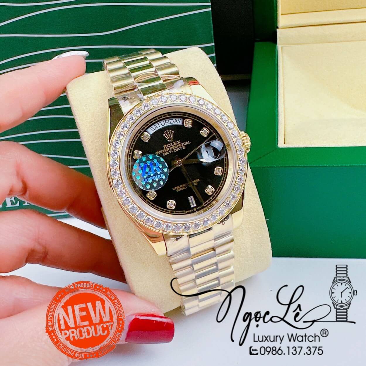 Đồng Hồ Rolex Day-Date Automatic Nam Dây Kim Loại Vàng Mặt Đen Niềng Đá Size 41mm