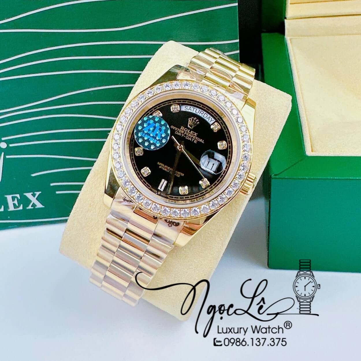 Đồng Hồ Rolex Day-Date Automatic Nam Dây Kim Loại Vàng Mặt Đen Niềng Đá Size 41mm