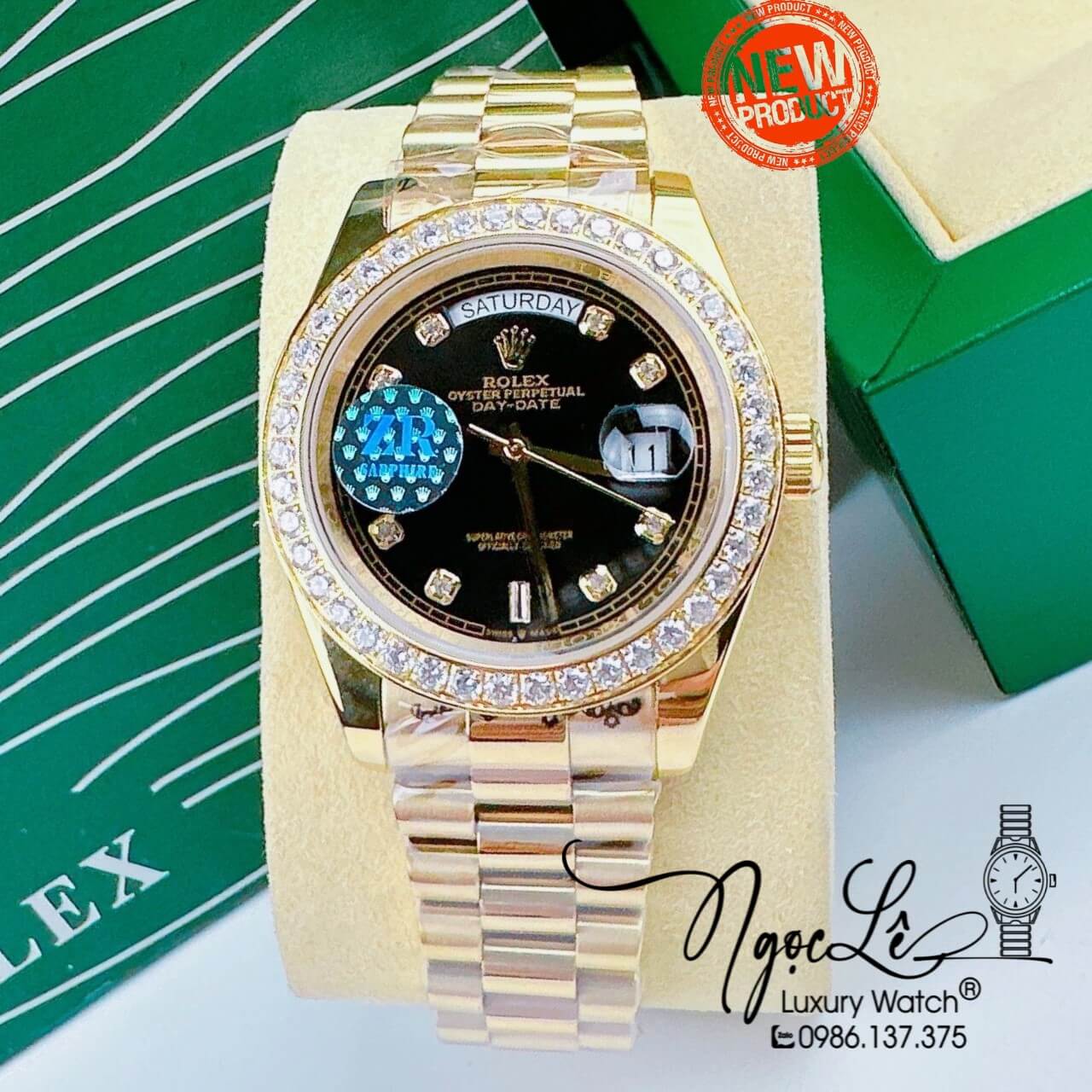 Đồng Hồ Rolex Day-Date Automatic Nam Dây Kim Loại Vàng Mặt Đen Niềng Đá Size 41mm