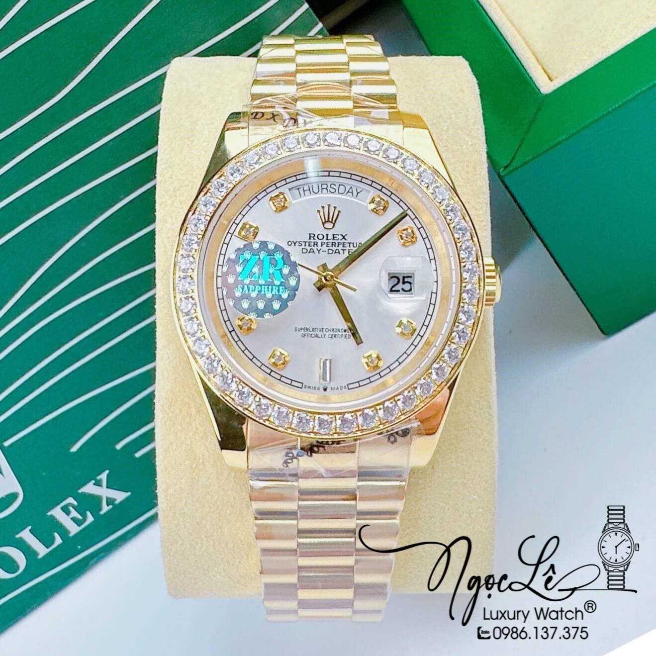 Đồng Hồ Rolex Day-Date Automatic Nam Dây Kim Loại Vàng Mặt Trắng Niềng Đá Size 41mm