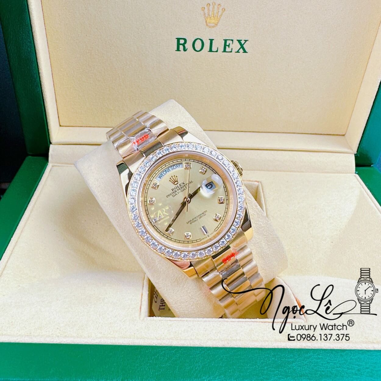 Đồng Hồ Rolex Day-Date Automatic Nam Dây Kim Loại Vàng Mặt Vàng Niềng Đá Size 41mm