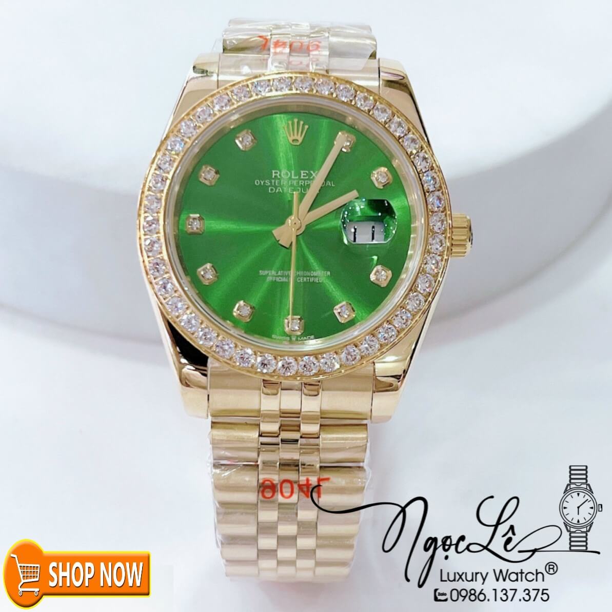 Đồng Hồ Rolex Datejust Automatic Nam Dây Kim Loại Vàng Mặt Xanh Lá Niềng Đá Size 41mm