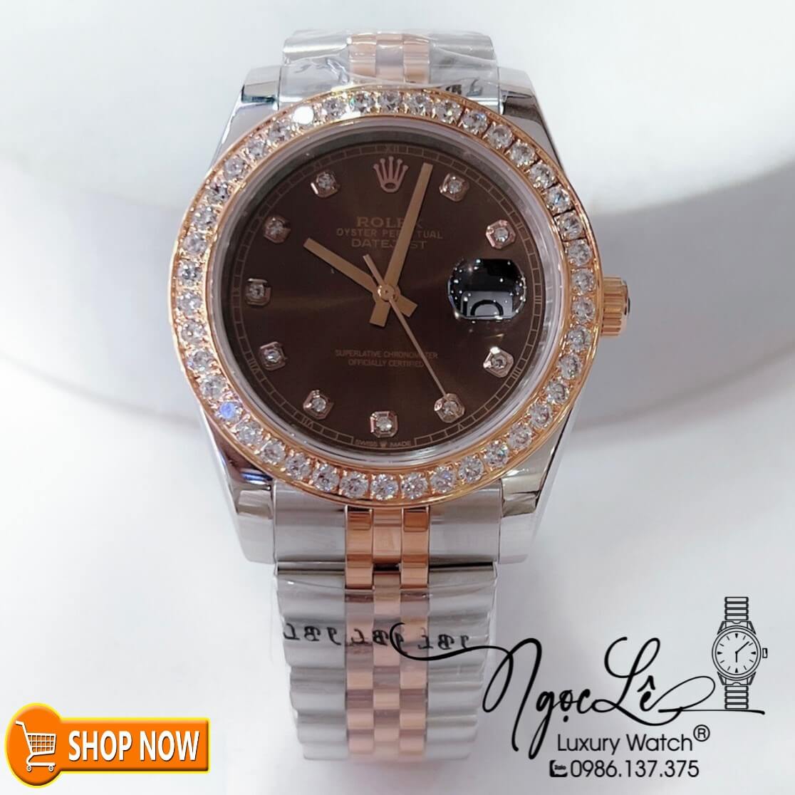 Đồng Hồ Rolex Datejust Automatic Nam Dây Kim Loại Demi Vàng Hồng Mặt Nâu Niềng Đá Size 41mm