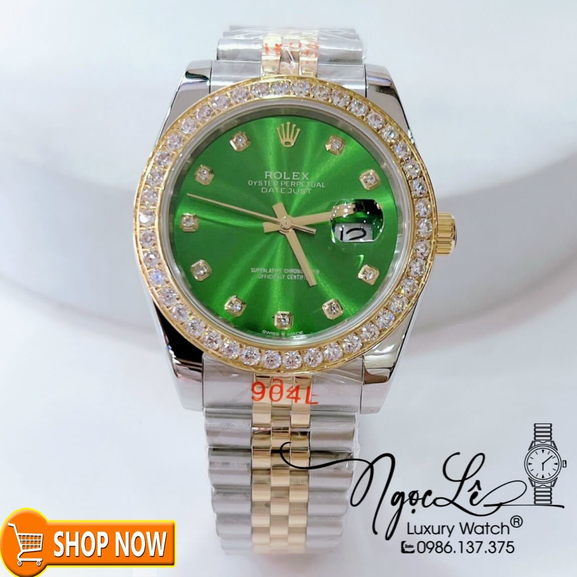 Đồng Hồ Rolex Datejust Automatic Nam Dây Kim Loại Demi Mặt Xanh Lá Niềng Đá Size 41mm