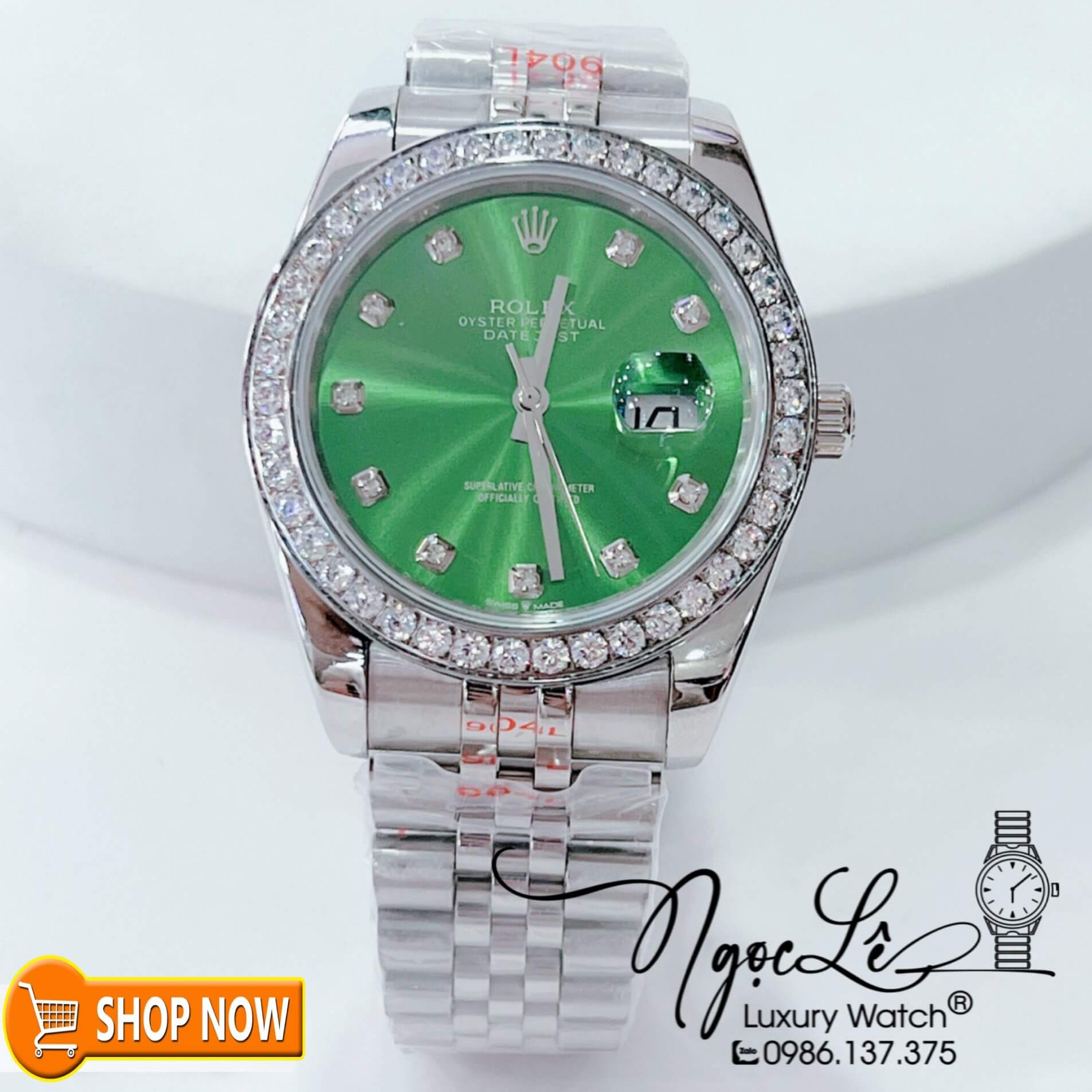 Đồng Hồ Rolex Datejust Automatic Nam Dây Kim Loại Bạc Mặt Xanh Lá Niềng Đá Size 41mm