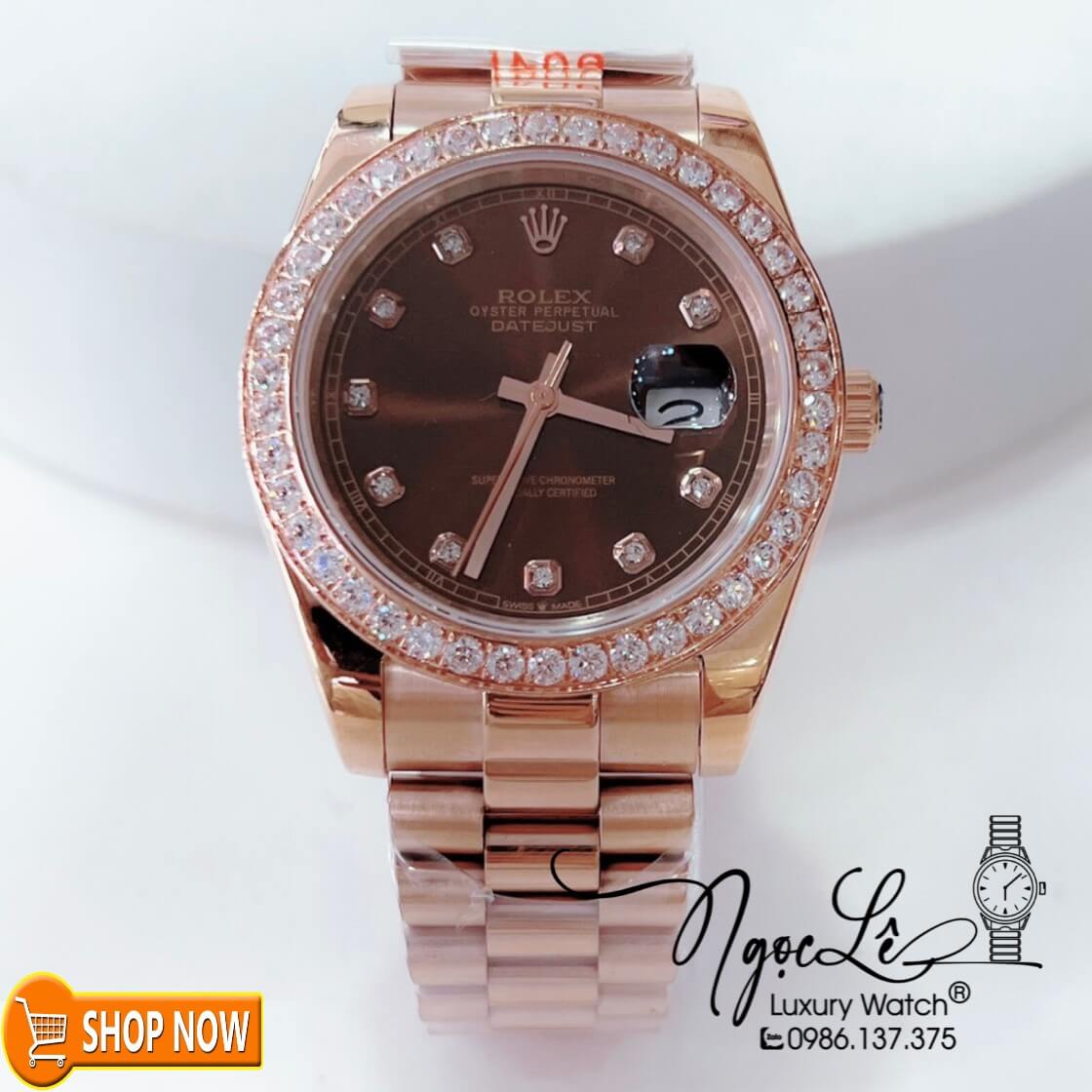 Đồng Hồ Rolex Datejust Automatic Nam Dây Kim Loại Vàng Hồng Mặt Nâu Niềng Đá Size 41mm