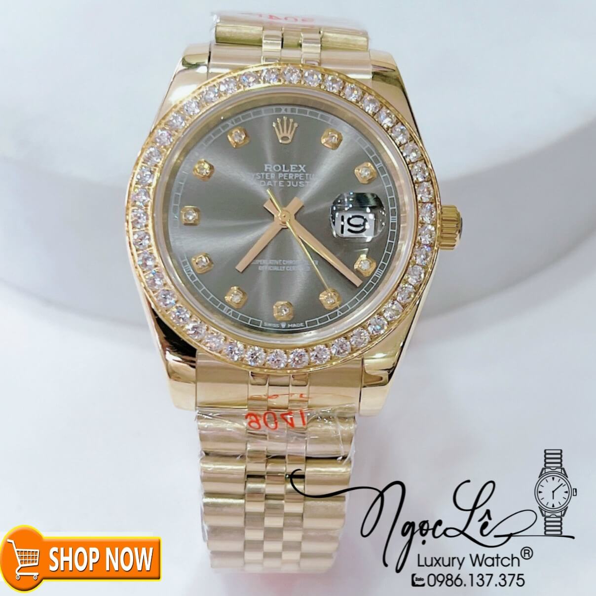 Đồng Hồ Rolex Datejust Automatic Nam Dây Kim Loại Vàng Mặt Xám Niềng Đá Size 41mm