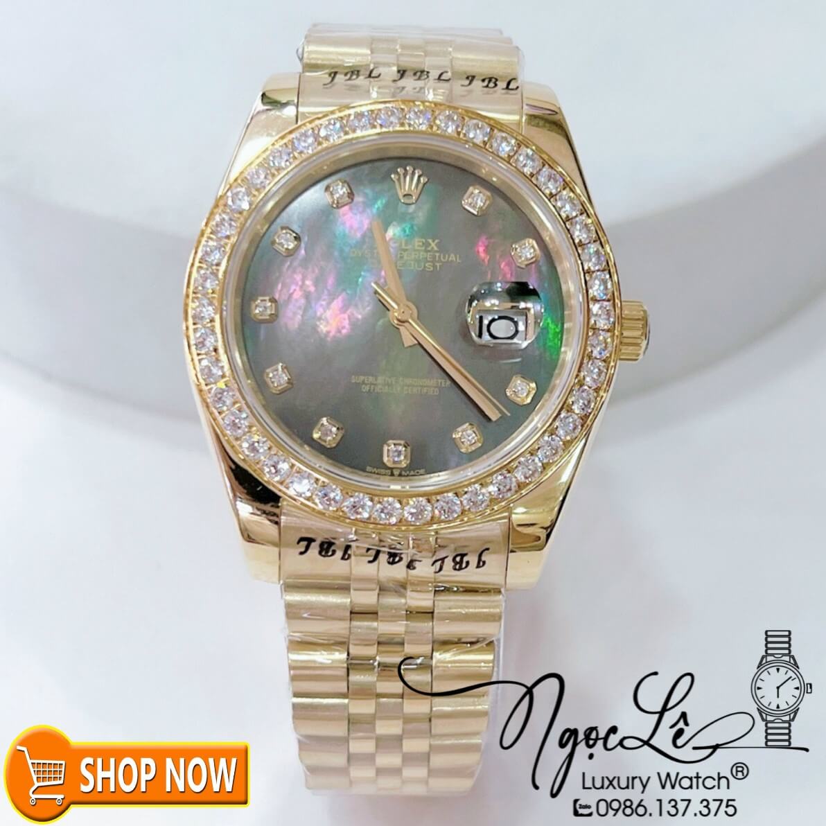 Đồng Hồ Rolex Datejust Automatic Nam Dây Kim Loại Vàng Mặt Xám Xà Cừ Niềng Đá Size 41mm