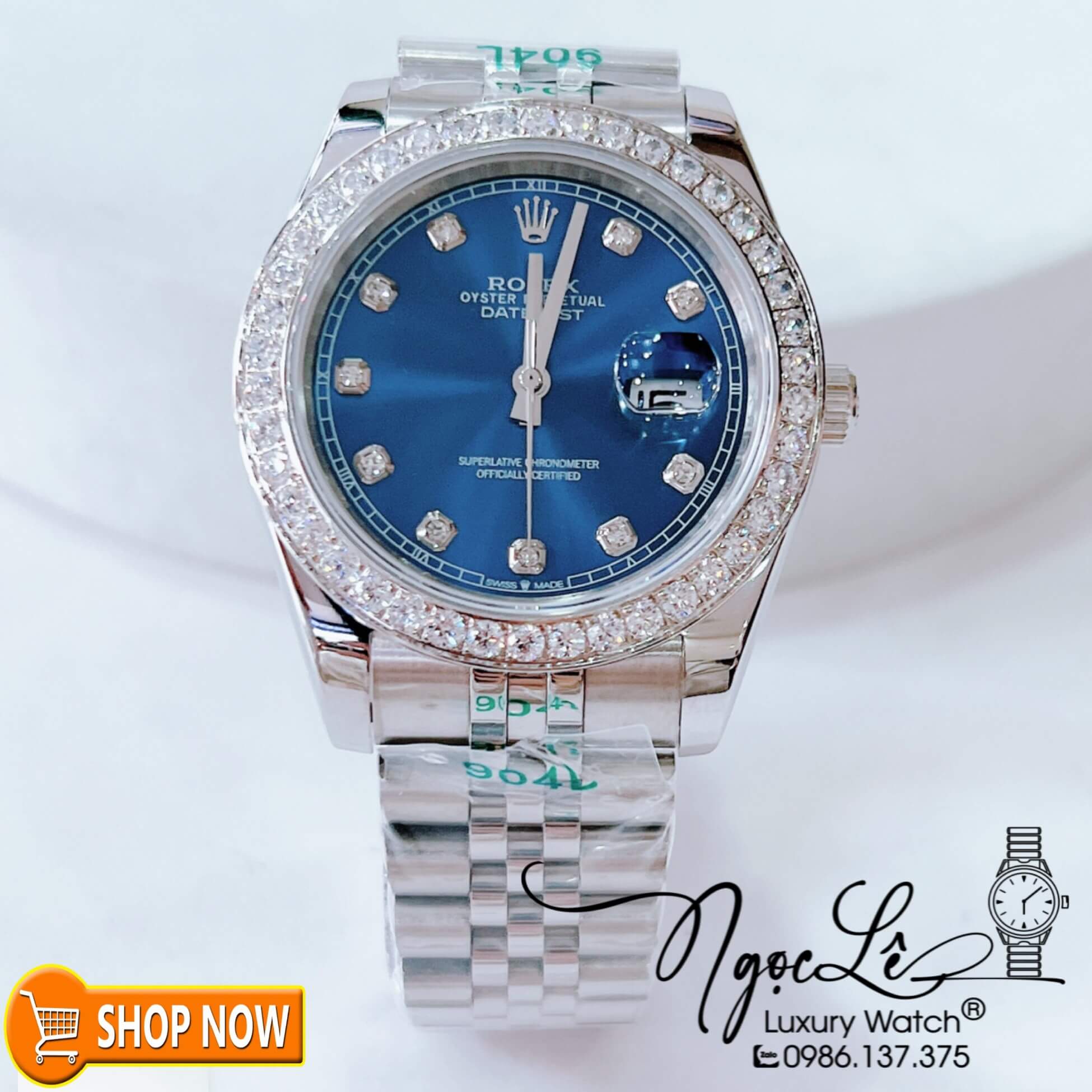 Đồng Hồ Rolex Datejust Automatic Nam Dây Kim Loại Bạc Mặt Xanh Dương Niềng Đá Size 41mm