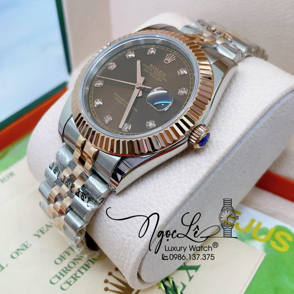 Đồng Hồ Rolex Datejust Automatic Nam Dây Kim Loại Demi Vàng Hồng Mặt Nâu 41mm