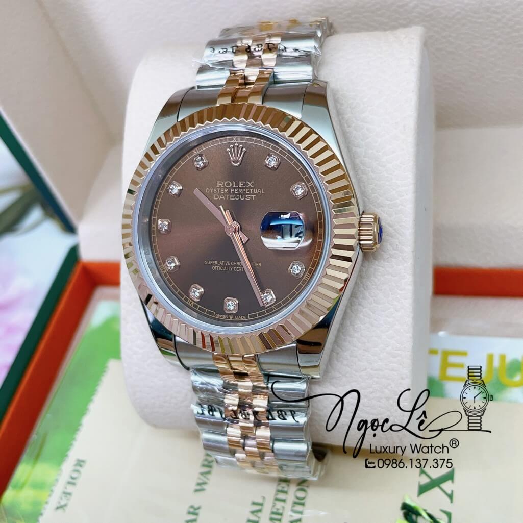 Đồng Hồ Rolex Datejust Automatic Nam Dây Kim Loại Demi Vàng Hồng Mặt Nâu 41mm