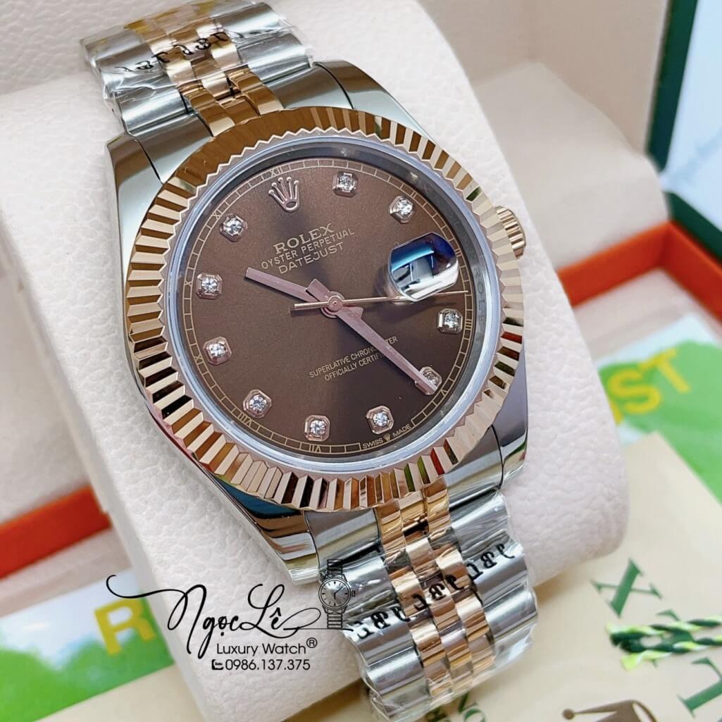 Đồng Hồ Rolex Datejust Automatic Nam Dây Kim Loại Demi Vàng Hồng Mặt Nâu 41mm