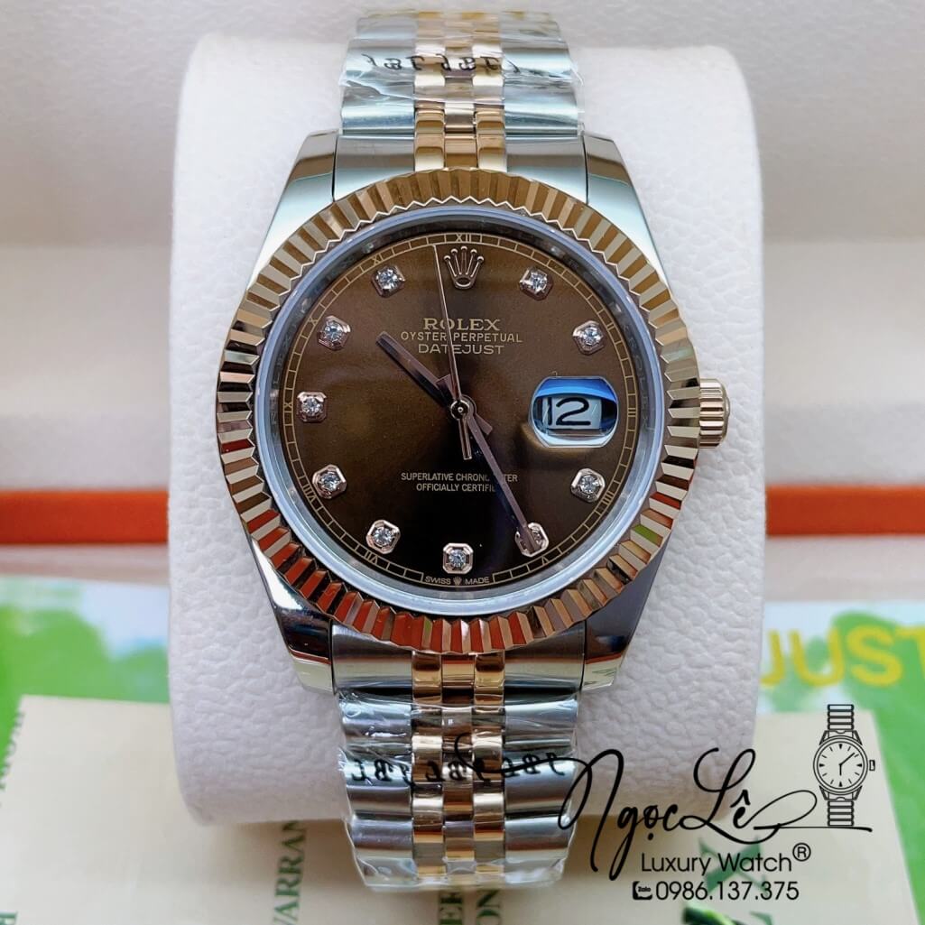 Đồng Hồ Rolex Datejust Automatic Nam Dây Kim Loại Demi Vàng Hồng Mặt Nâu 41mm