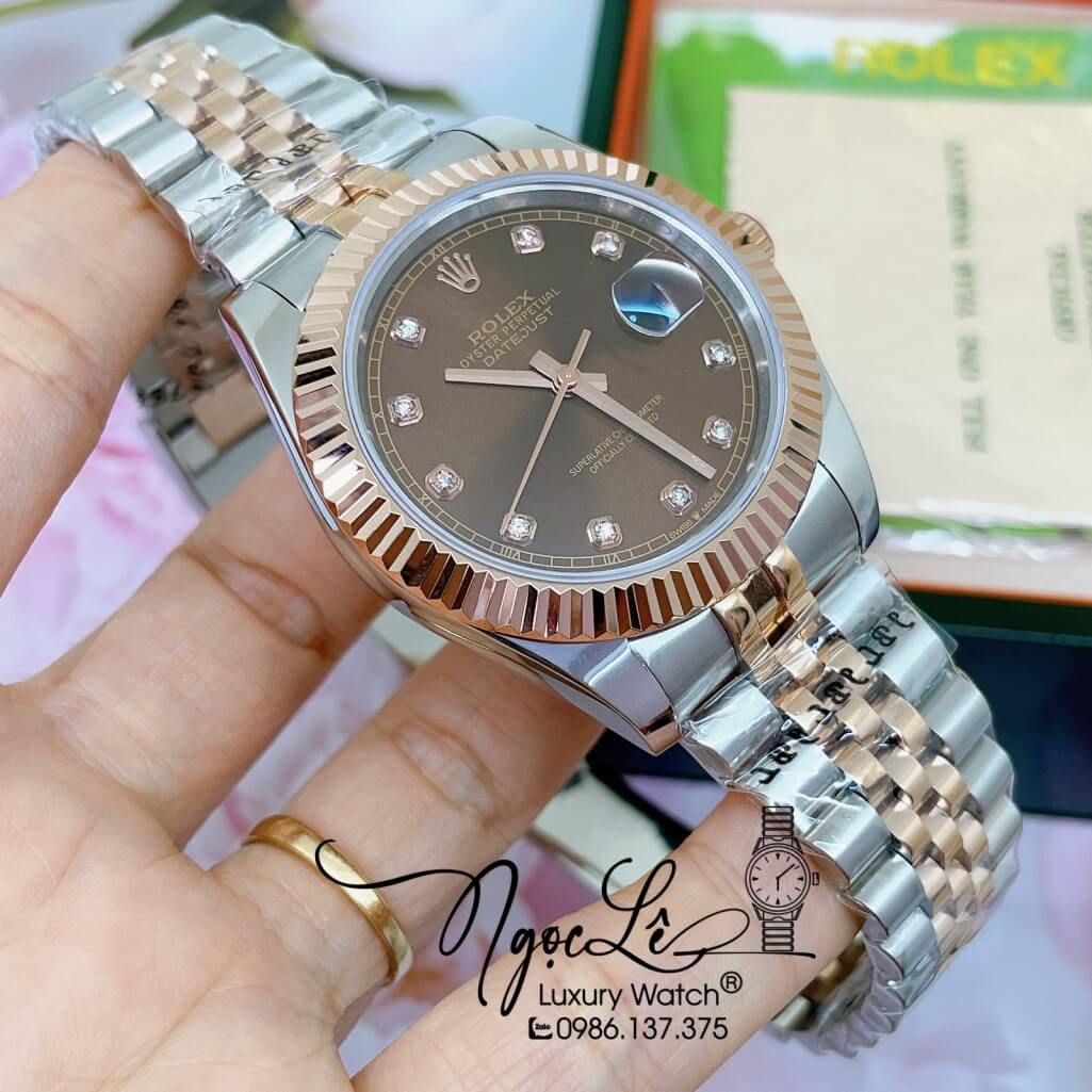 Đồng Hồ Rolex Datejust Automatic Nam Dây Kim Loại Demi Vàng Hồng Mặt Nâu 41mm