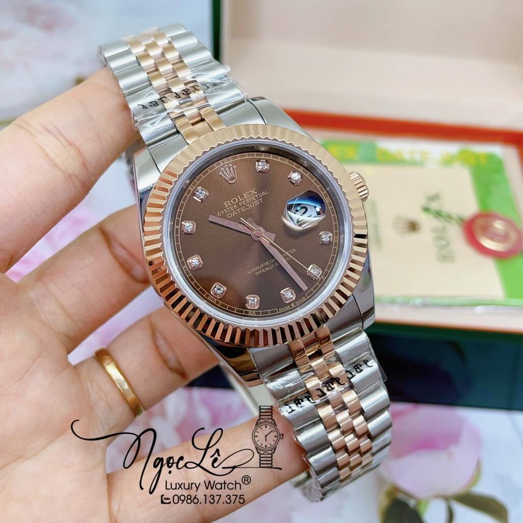 Đồng Hồ Rolex Datejust Automatic Nam Dây Kim Loại Demi Vàng Hồng Mặt Nâu 41mm