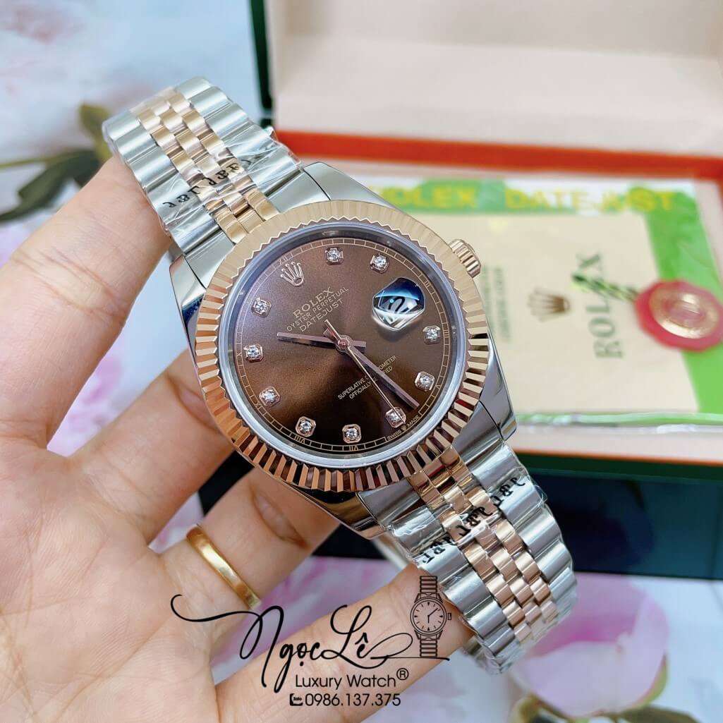 Đồng Hồ Rolex Datejust Automatic Nam Dây Kim Loại Demi Vàng Hồng Mặt Nâu 41mm