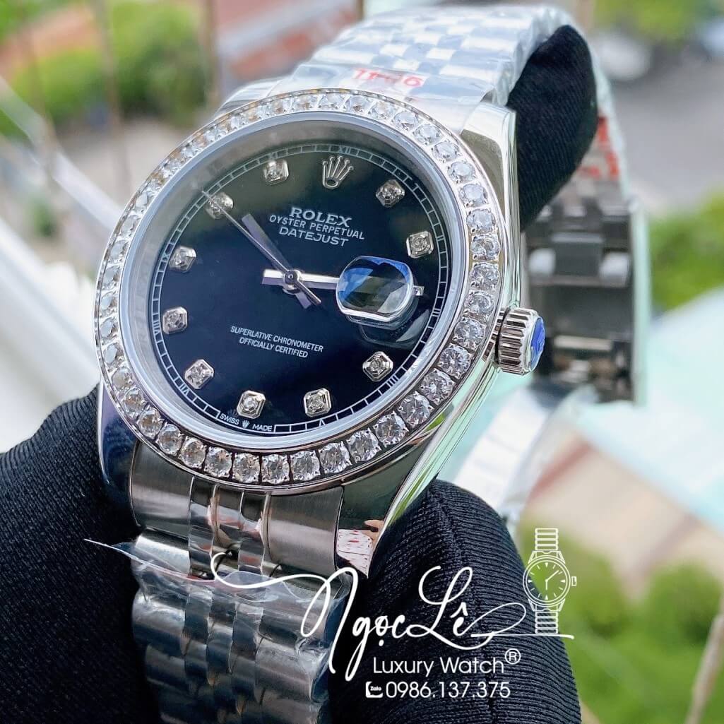 Đồng Hồ Rolex Datejust Nam Automatic Dây Thép Màu Bạc Mặt Đen Viền Đá 41mm