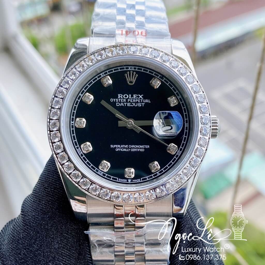 Đồng Hồ Rolex Datejust Nam Automatic Dây Thép Màu Bạc Mặt Đen Viền Đá 41mm