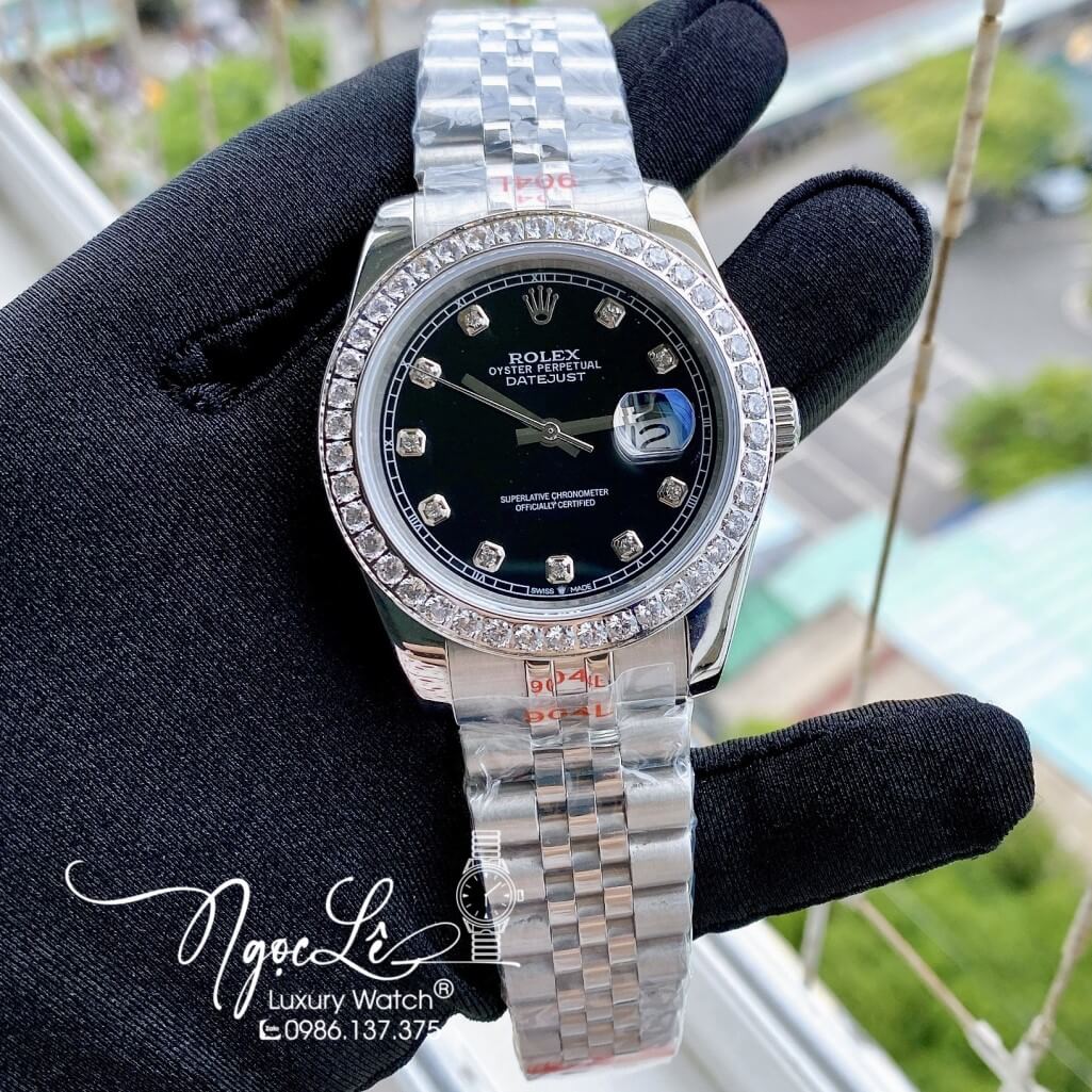 Đồng Hồ Rolex Datejust Nam Automatic Dây Thép Màu Bạc Mặt Đen Viền Đá 41mm