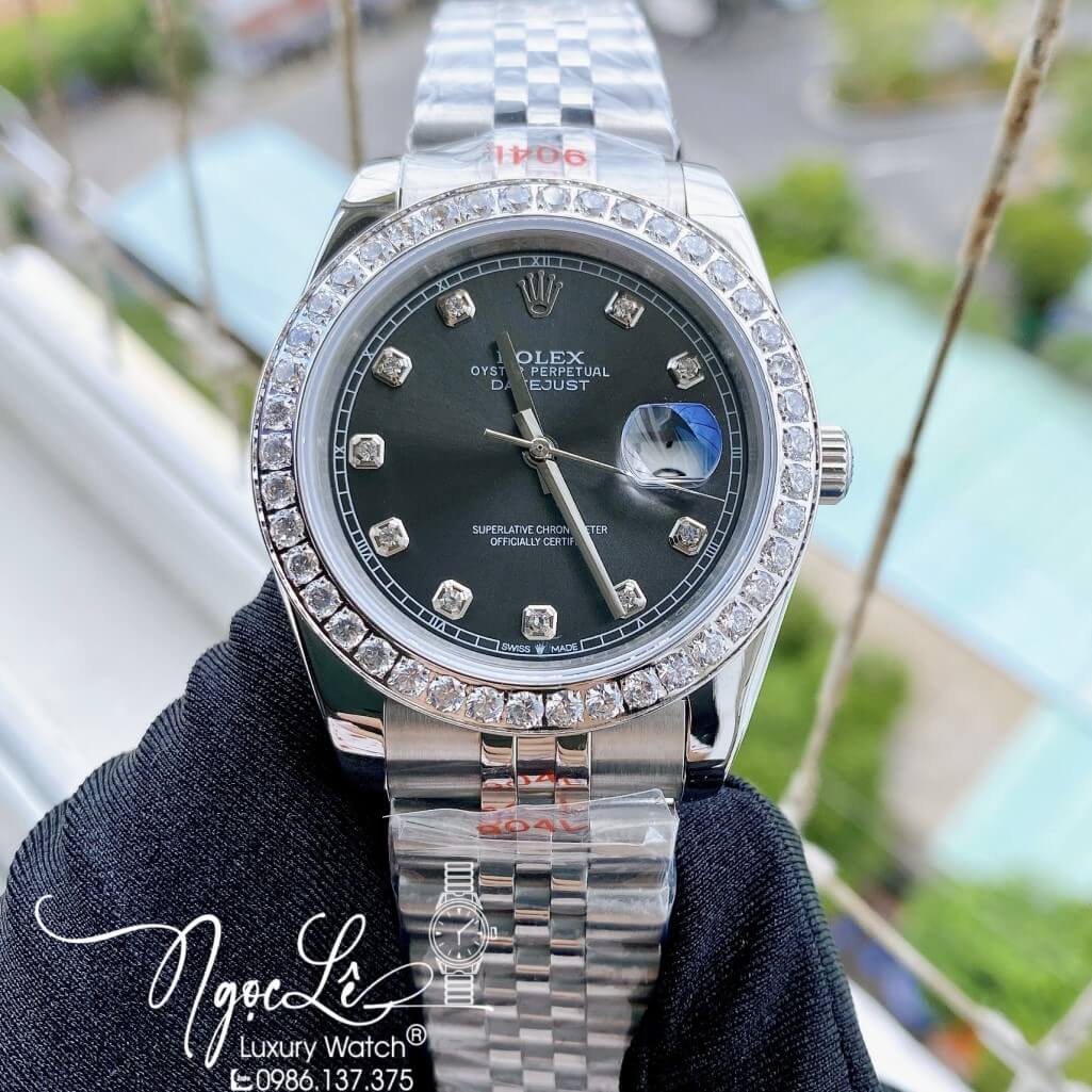 Đồng Hồ Rolex Datejust Nam Automatic Dây Thép Màu Bạc Mặt Xám Viền Đá 41mm