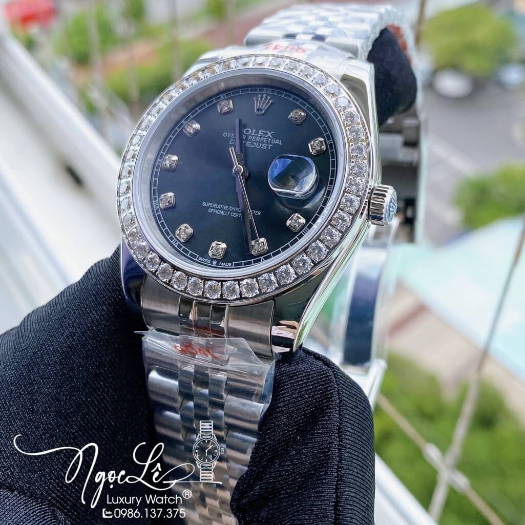 Đồng Hồ Rolex Datejust Nam Automatic Dây Thép Màu Bạc Mặt Xám Viền Đá 41mm