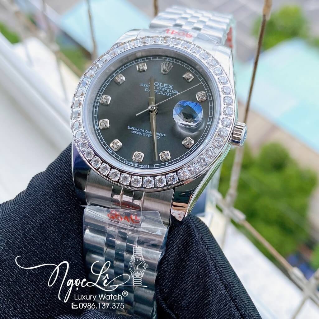 Đồng Hồ Rolex Datejust Nam Automatic Dây Thép Màu Bạc Mặt Xám Viền Đá 41mm