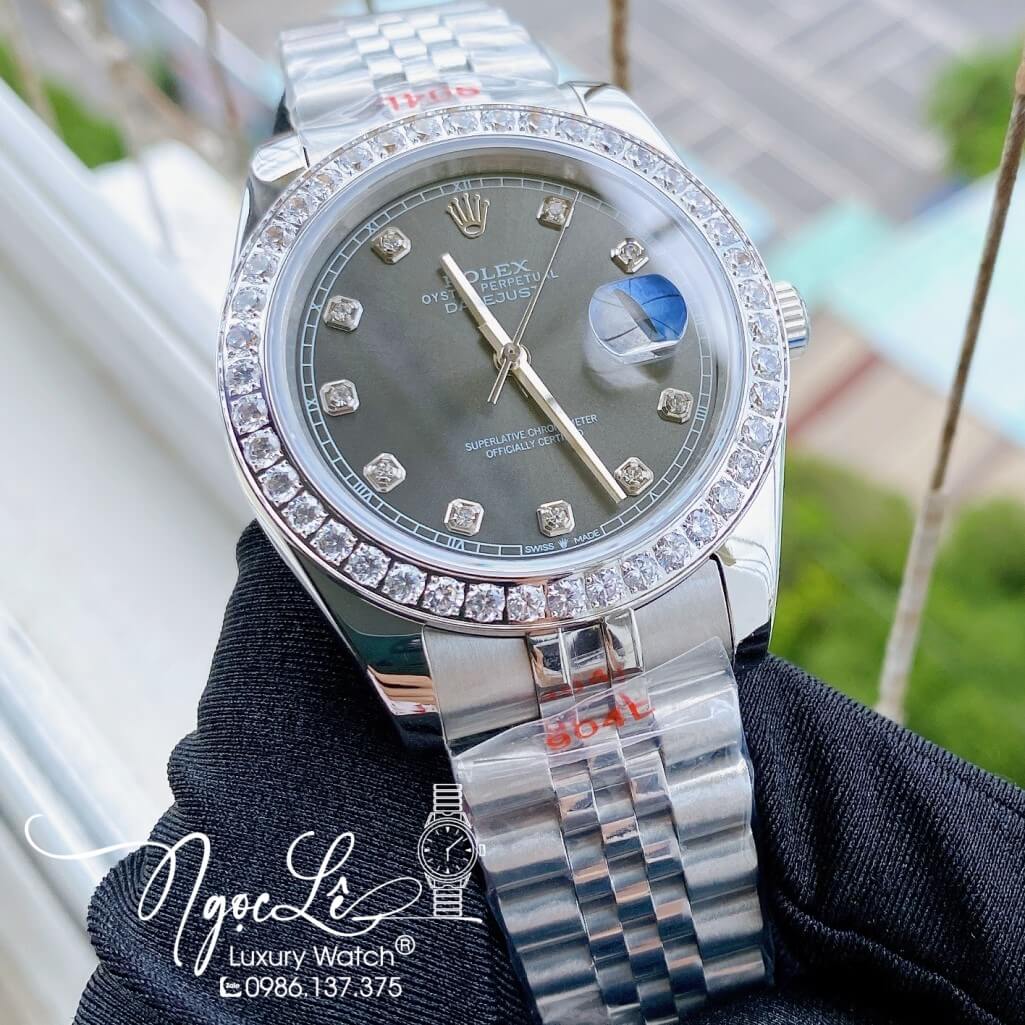 Đồng Hồ Rolex Datejust Nam Automatic Dây Thép Màu Bạc Mặt Xám Viền Đá 41mm