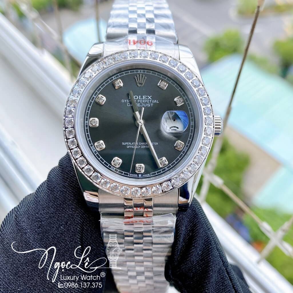 Đồng Hồ Rolex Datejust Nam Automatic Dây Thép Màu Bạc Mặt Xám Viền Đá 41mm