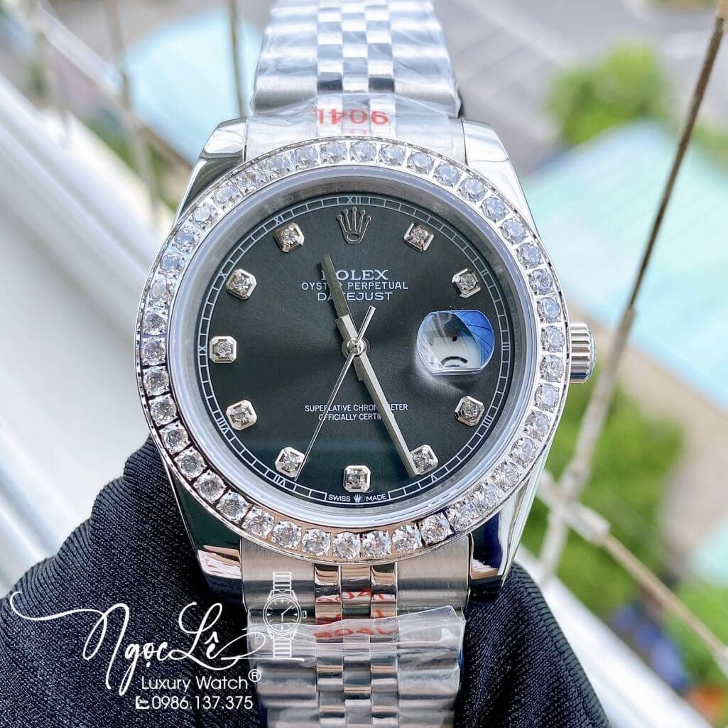 Đồng Hồ Rolex Datejust Nam Automatic Dây Thép Màu Bạc Mặt Xám Viền Đá 41mm