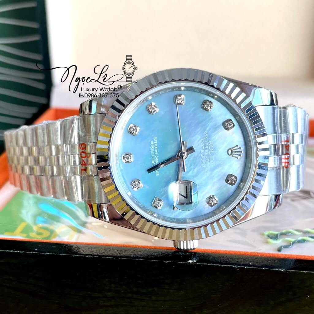 Đồng Hồ Rolex Datejust Automatic Nam Dây Kim Loại Bạc Mặt Xà Cừ Xanh 41mm