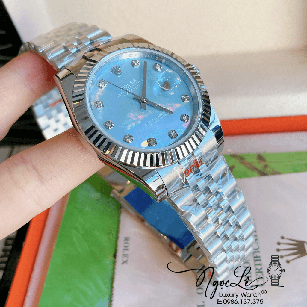 Đồng Hồ Rolex Datejust Automatic Nam Dây Kim Loại Bạc Mặt Xanh 41mm