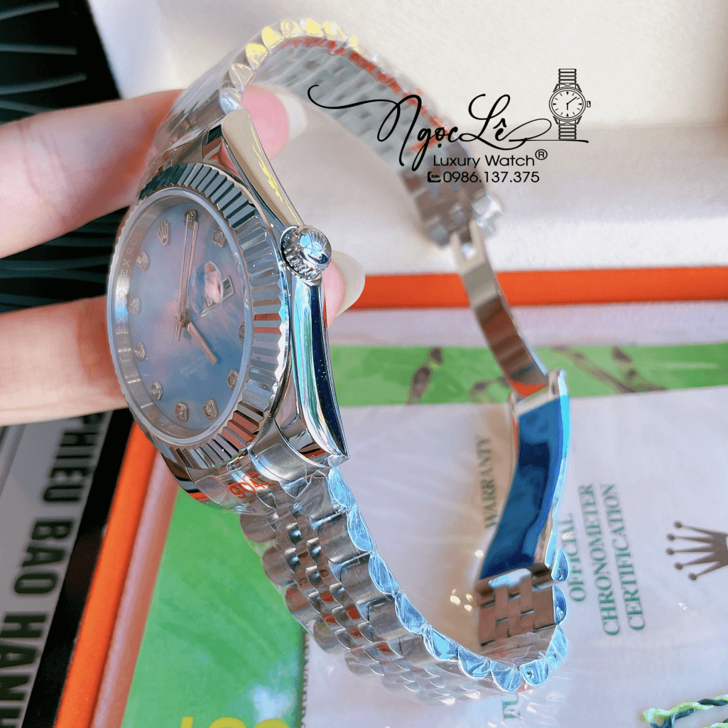 Đồng Hồ Rolex Datejust Automatic Nam Dây Kim Loại Bạc Mặt Xanh 41mm