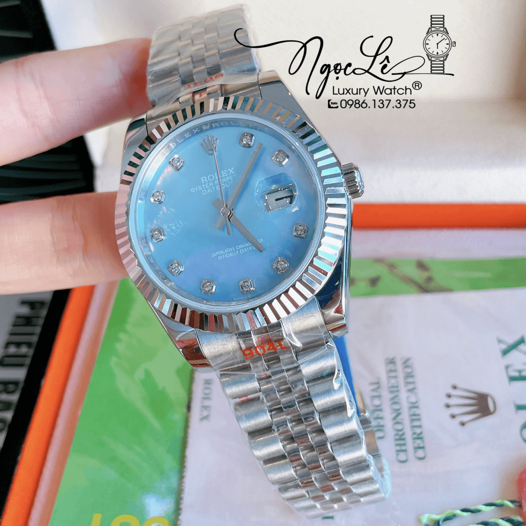 Đồng Hồ Rolex Datejust Automatic Nam Dây Kim Loại Bạc Mặt Xanh 41mm