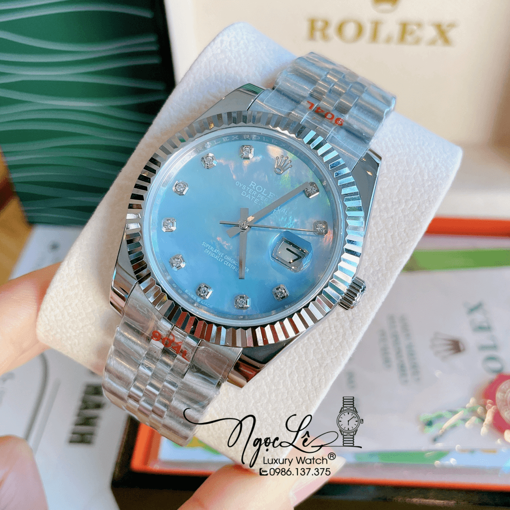 Đồng Hồ Rolex Datejust Automatic Nam Dây Kim Loại Bạc Mặt Xanh 41mm